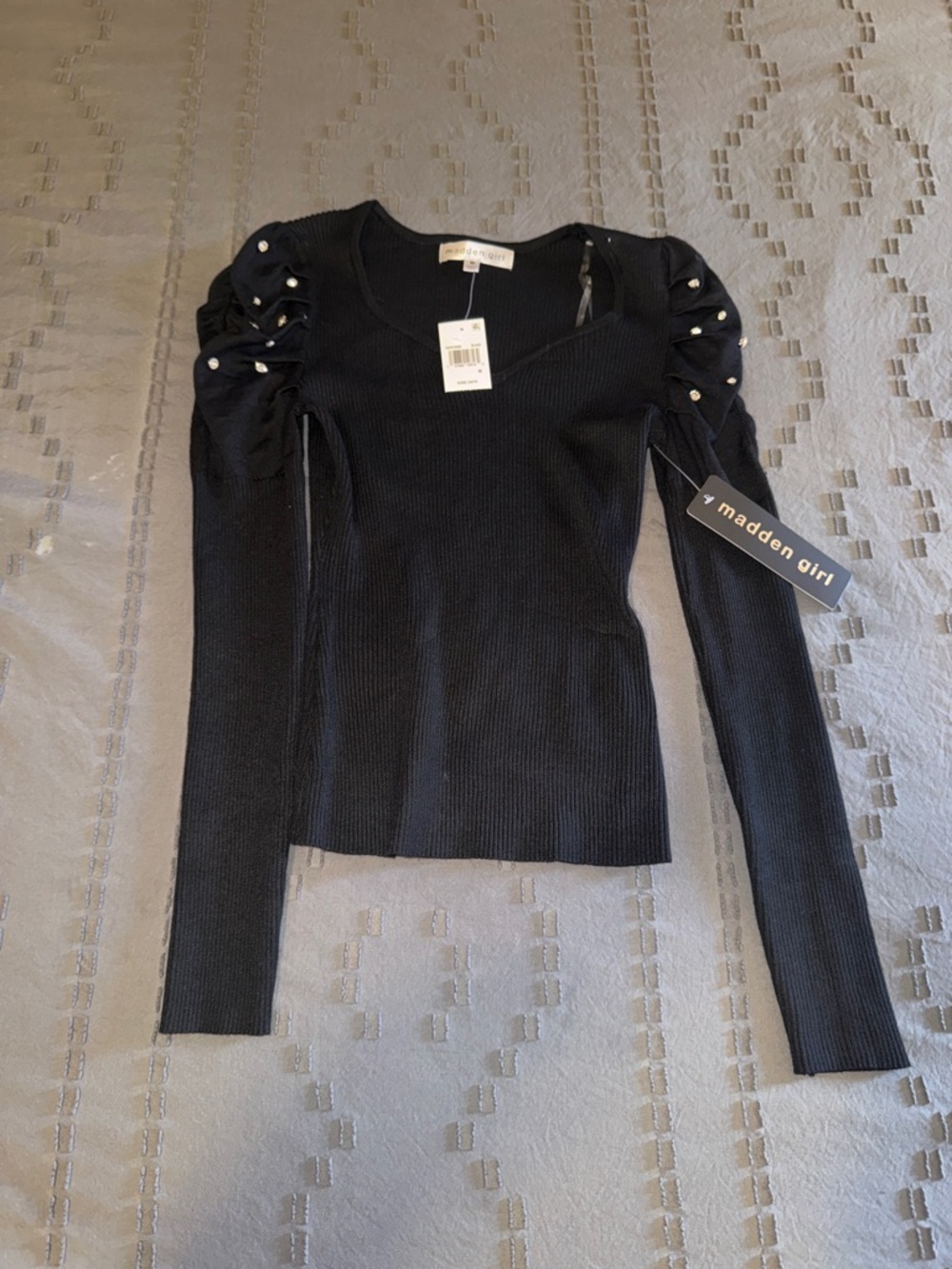 Madden Girl Black Ribbed Long-Sleeve Top with Studded Puff Sleeves